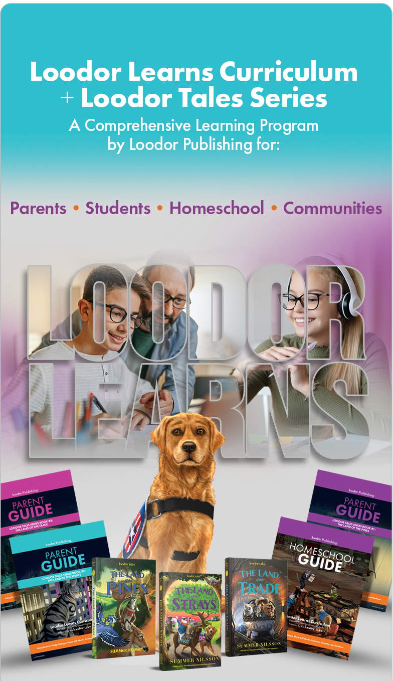Advertisement for Loodor Learning Curriculum with books and a dog on a white background